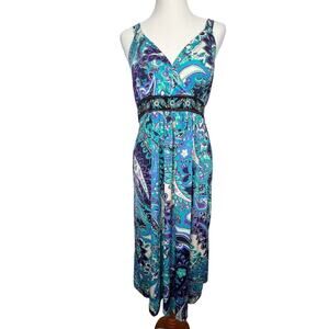 Y2K Padded Babydoll XL Purples/Blue Paisley Stretch Velvet Belt Women Midi Dress